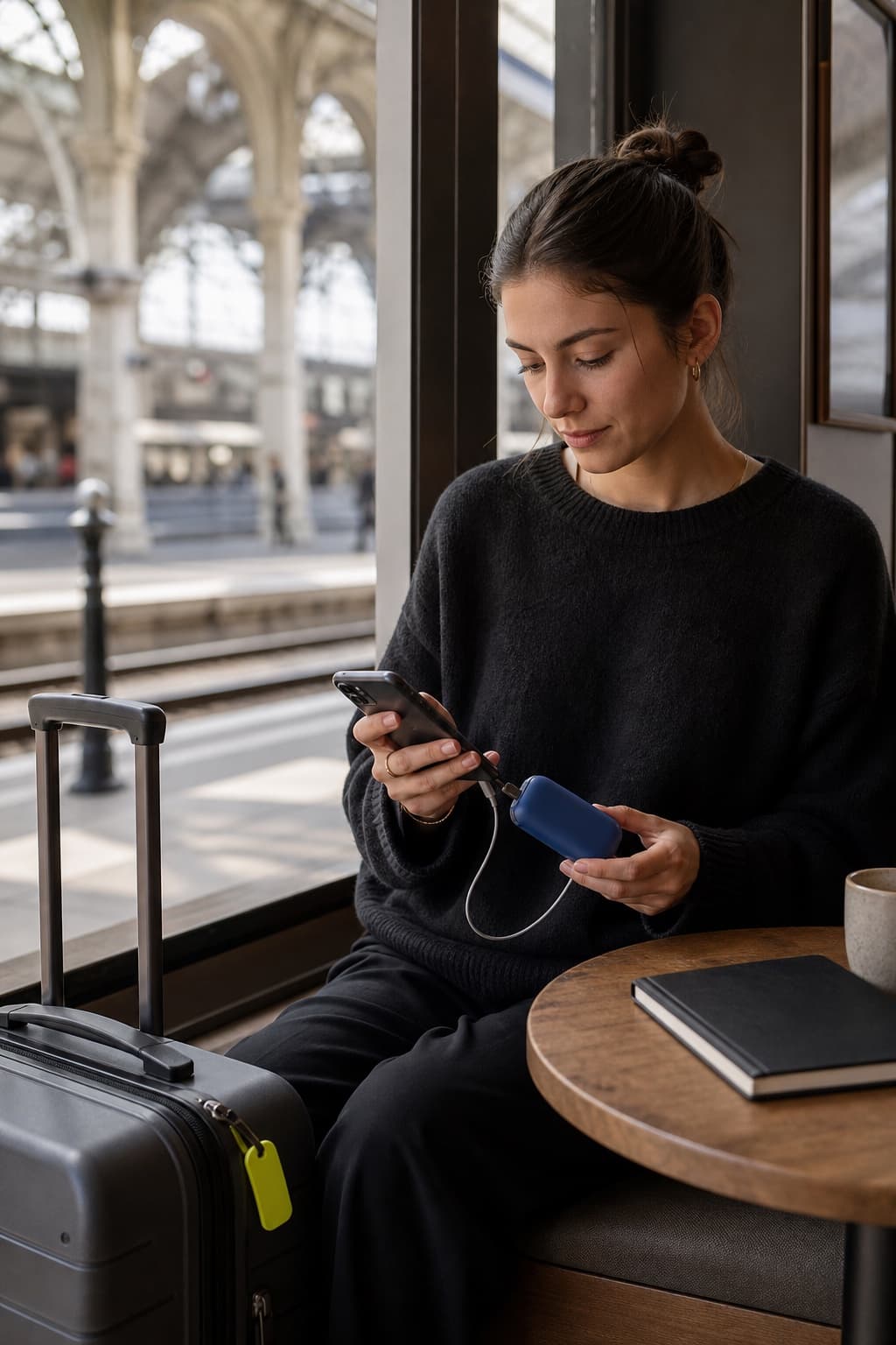 Traveler using a compact NOVA GEAR power bank in a café