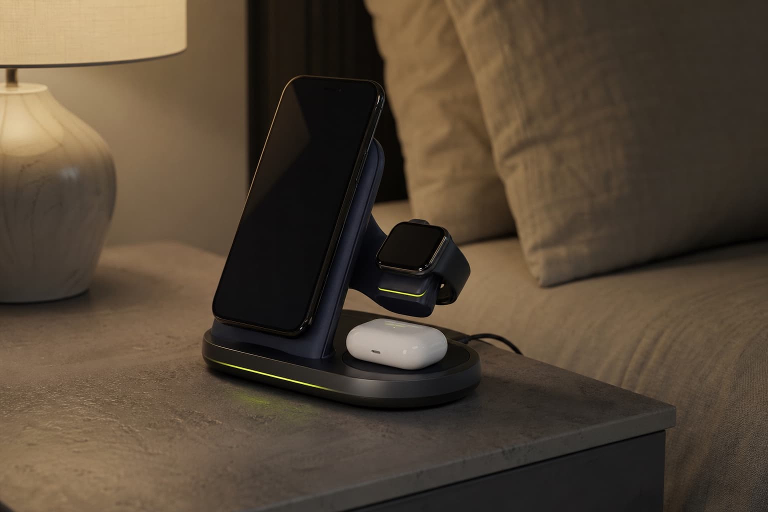 QuietDock charging station on a bedside table