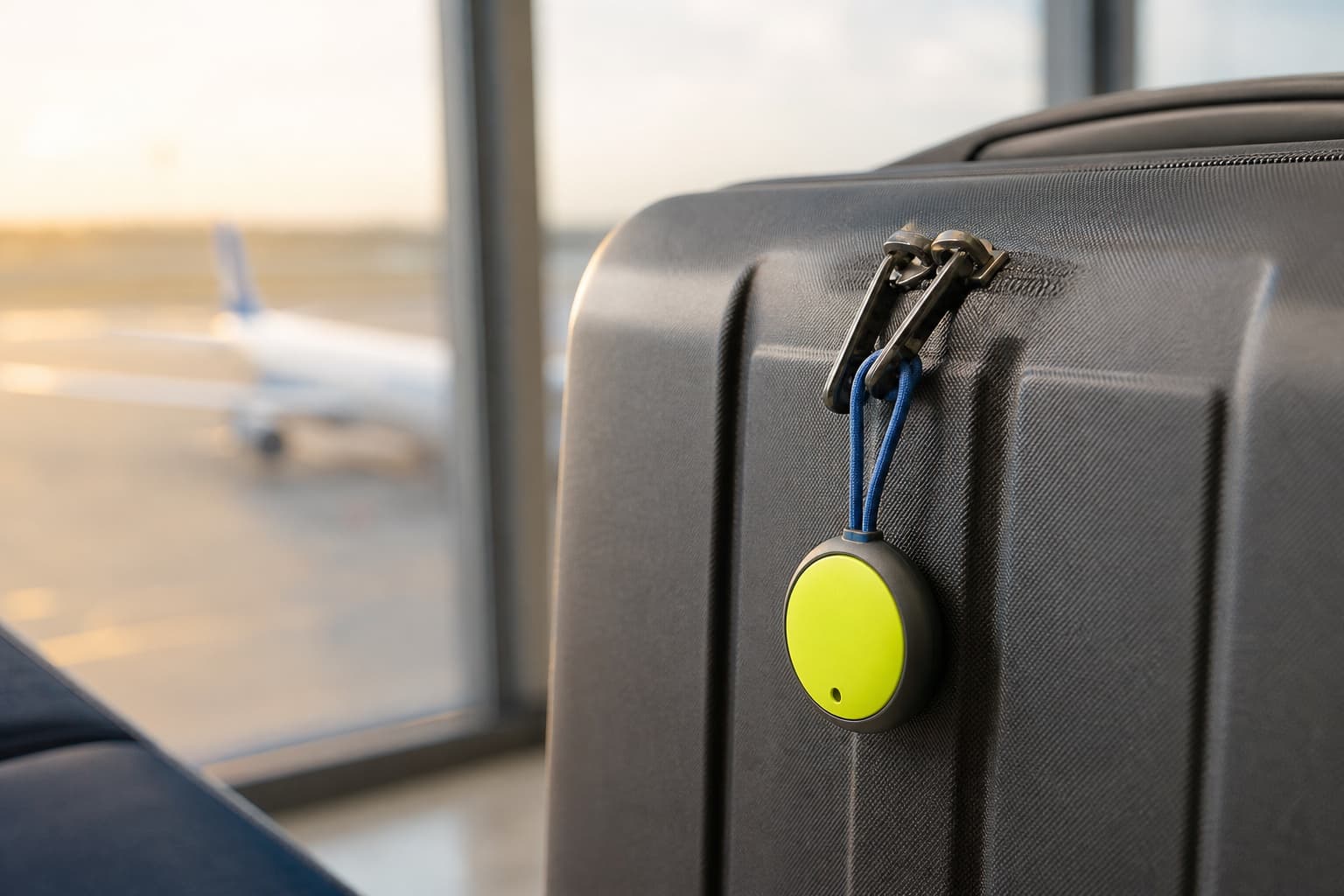 KeyNest tracker attached to travel luggage